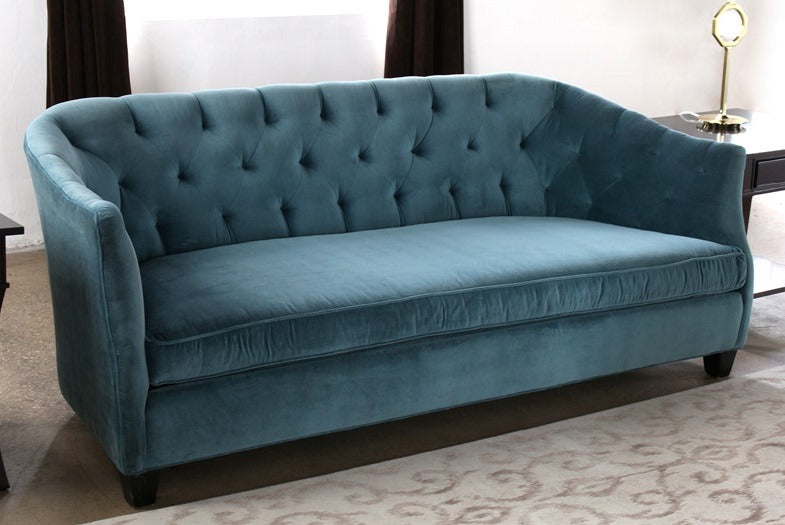 SF38 Curved Peacock Velvet Sofa with Tufted Back and Toss Pillows