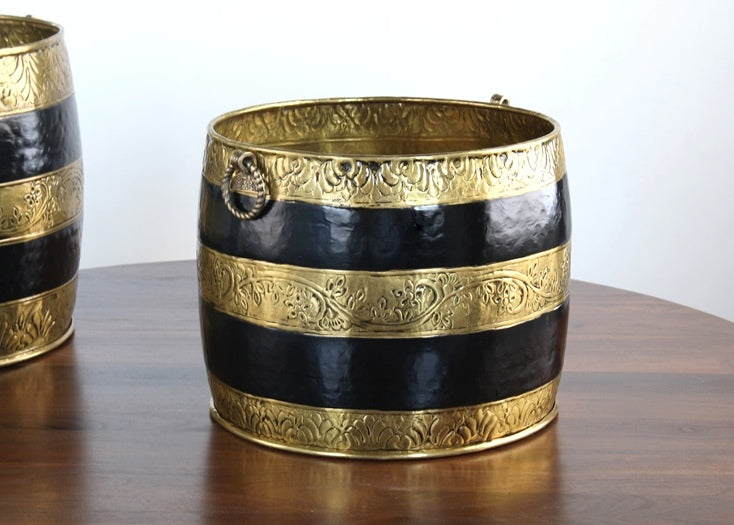 SURN12 - Set of 2 Antique Brass and Black Moroccan Planters 