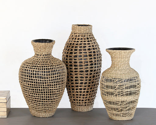 SVS107 - Set Of 3 Black Vases WWoven Seagrass