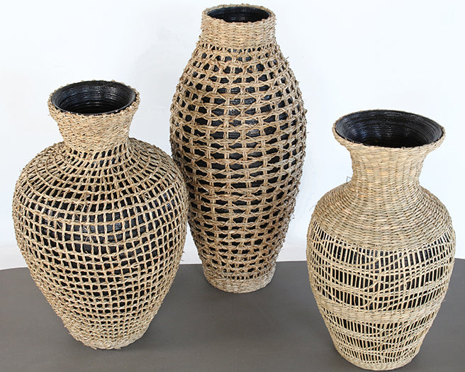 SVS107 - Set Of 3 Black Vases WWoven Seagrass