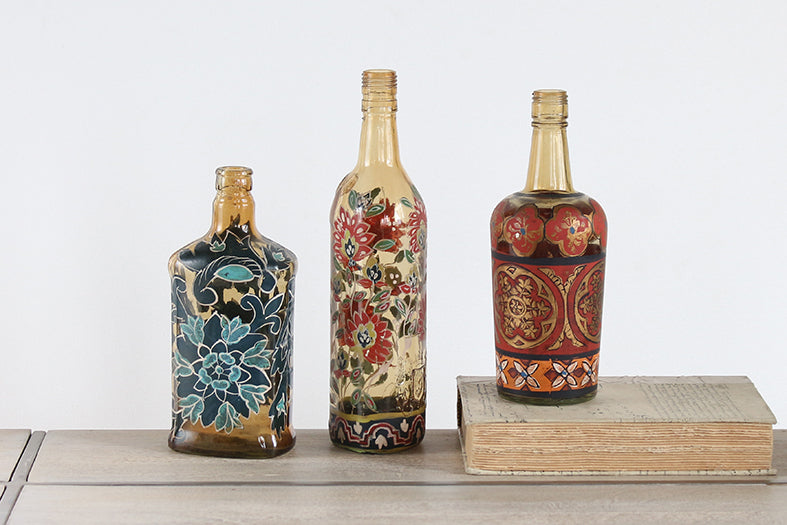 Set of 2 Reclaimed Hand-Painted Bottles