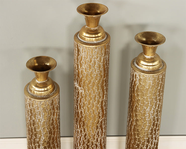Set of 3 Gold w/ Textured Vine Vases