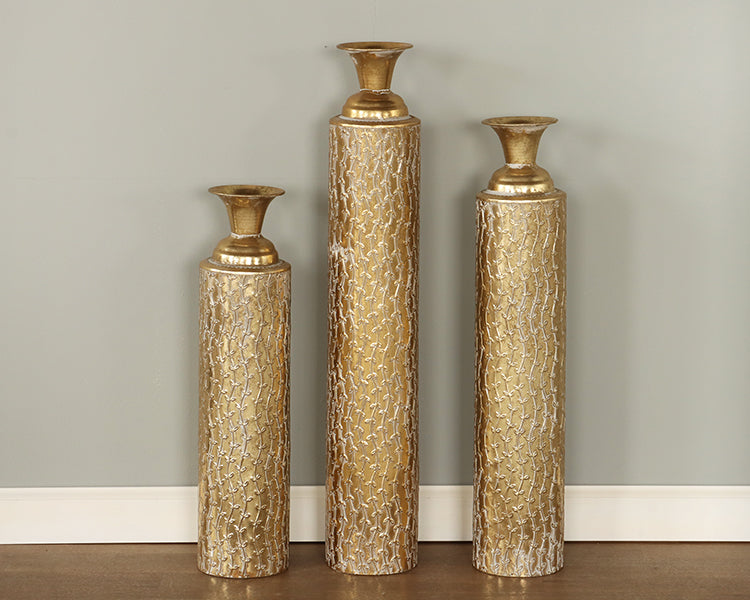 Set of 3 Gold w/ Textured Vine Vases