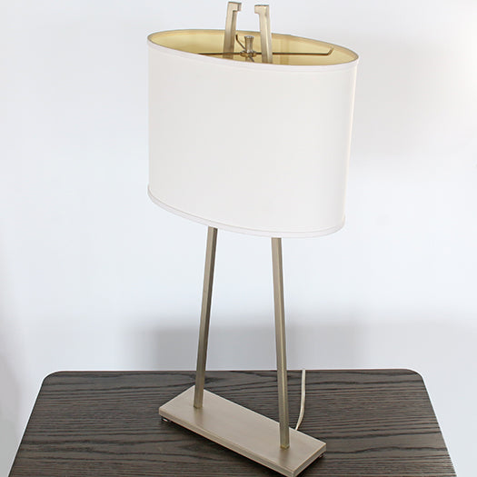 TL156 - Satin Silver Lamp with Oval White Shade