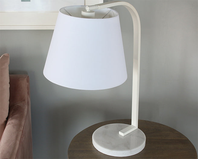 Matte White Table Lamp W/ Marble Disc Base