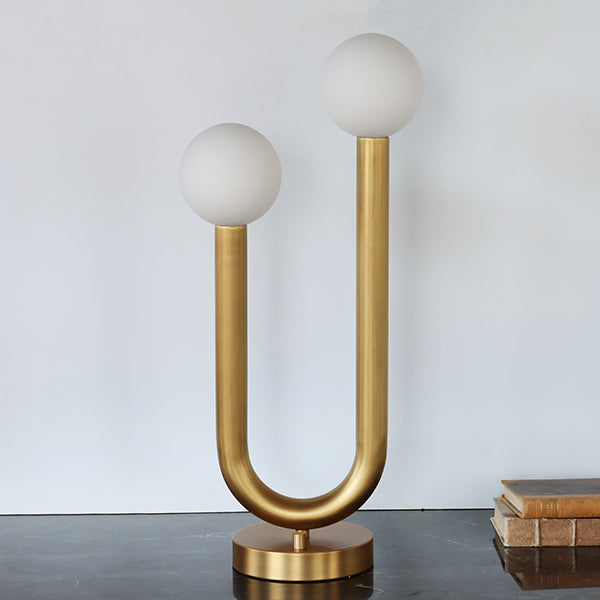 Two-Armed Tubular Brass Table Lamp w/Round Base