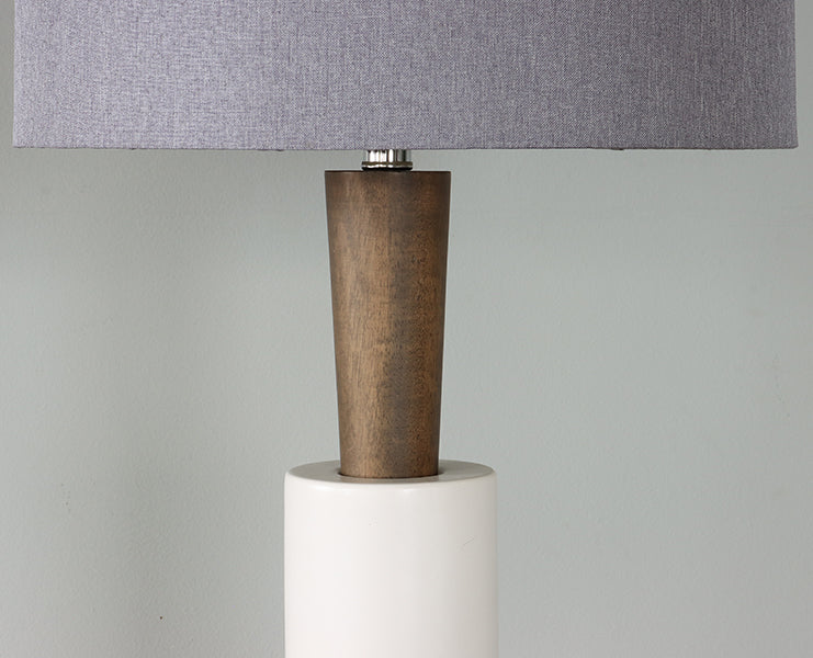 White Cylinder Table Lamp w/ Wood Neck
