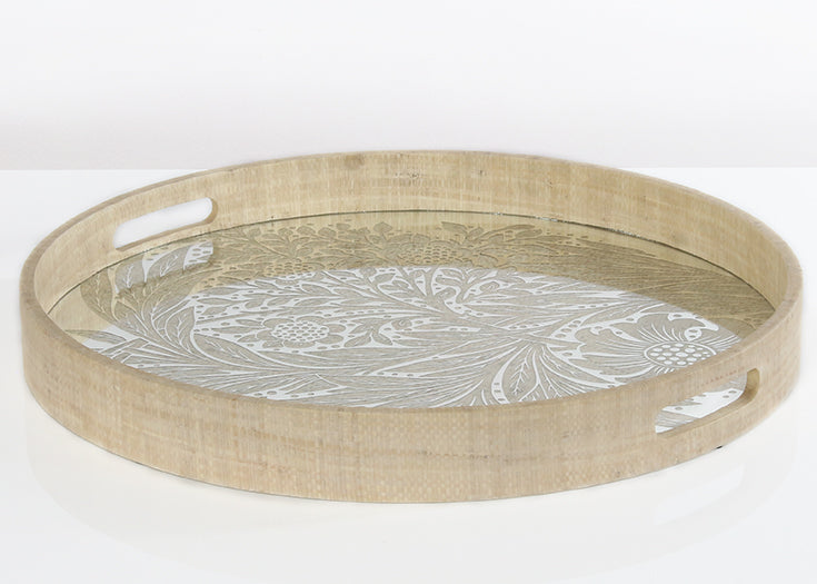 Woven Grass Tray W/Marigold Engraved Mirrored Base