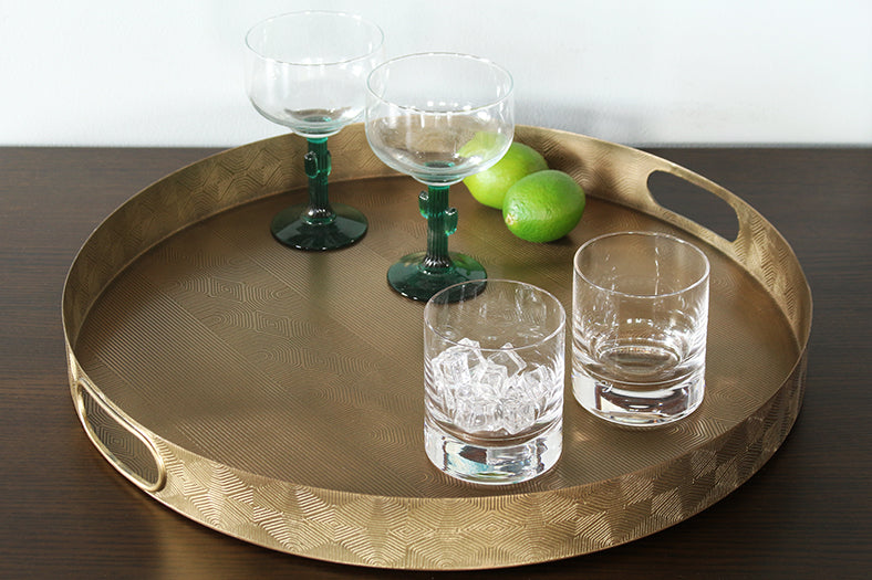 Etched Brass Round Tray With Geometric Pattern