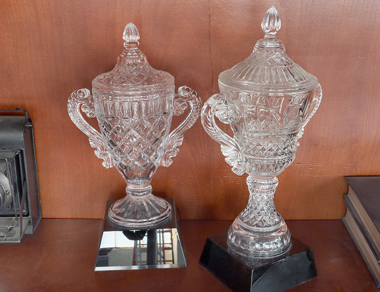 Set of 2 Glass Trophies w/ Black Marble Base
