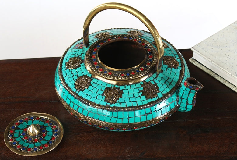 URN57 Turquoise Tile Pattern Indian Tea Kettle 