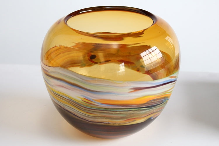 VASE236 Amber Glass Vase with Colored Stripes