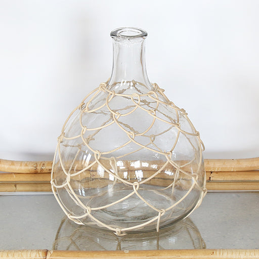 VASE281 - Medium Glass Bottleneck Vase With Woven Bamboo