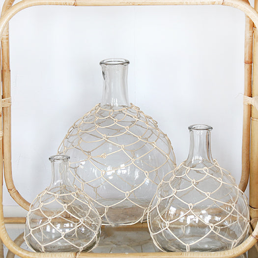 VASE281 - Medium Glass Bottleneck Vase With Woven Bamboo