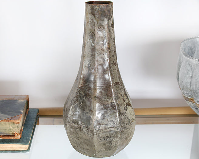 VASE285 - Large Iron Teardrop Vase With Antiqued Silver Finish