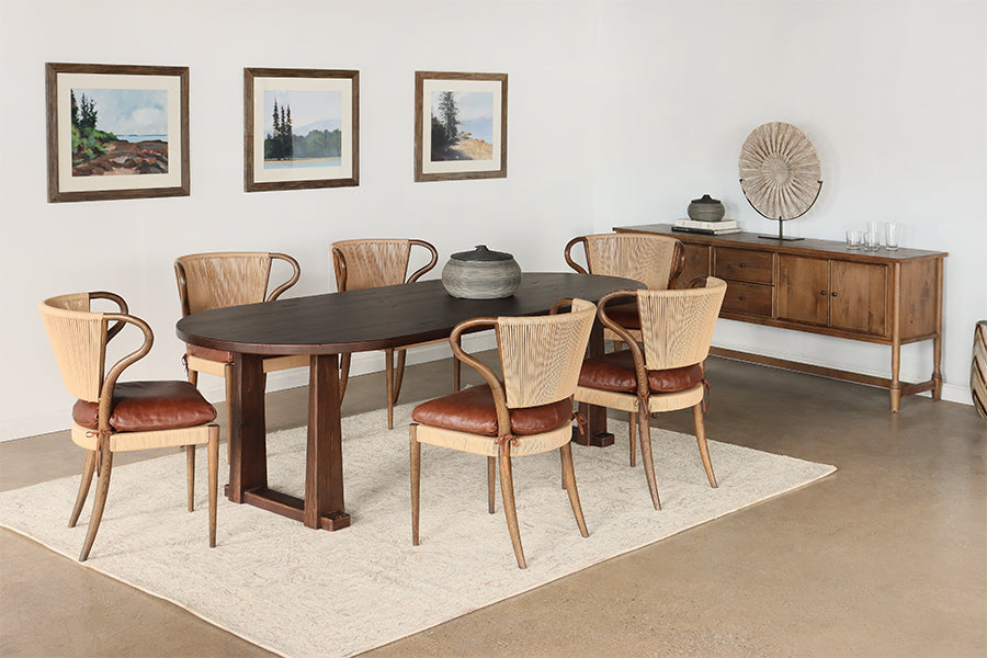 Rush and Oak Side Chair with Mahogany Leather Seat
