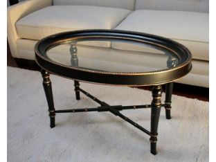 Black Lacquer and Gold Gilt Oval Coffee Table with Glass Top