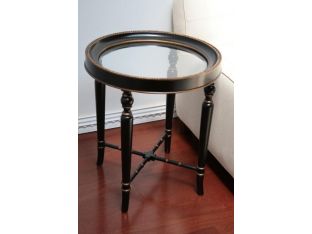 Vintage Black Lacquer and Gold Gilt Round End Table with Glass Top