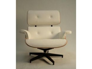 Eames Style Lounge Chair and Ottoman in White Leather Upholstery