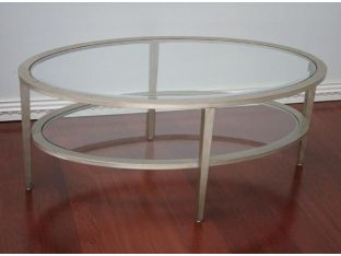 Matte Silver Oval Coffee Table with Glass Top and Undershelf