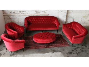 Ruby Red Tufted Velvet Sofa with Brass Nailhead