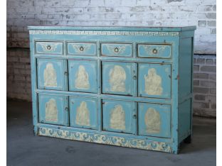 Nile Blue Painted Tibet Cabinet with Antique Gold Figures