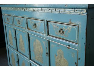 Nile Blue Painted Tibet Cabinet with Antique Gold Figures