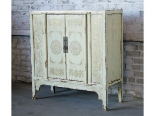 Aged Light Yellow Tibetan Cabinet with Antique Gold Details