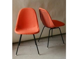 Eames Metal Wire Side Chair with Orange Wool Upholstery