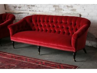 Ruby Red Tufted Velvet Sofa with Brass Nailhead