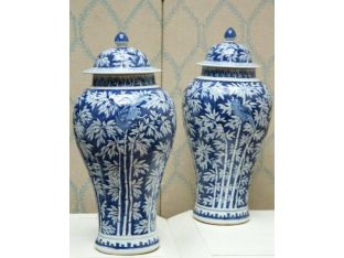 Blue and White Bamboo Hand Painted Porcelain Urn