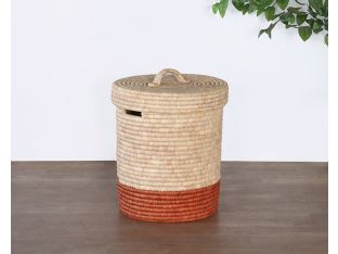 Natural And Brown Hand Coiled Basket With Lid 