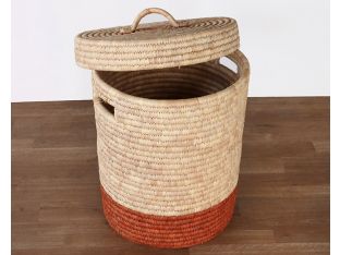 Natural And Brown Hand Coiled Basket With Lid 
