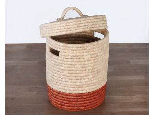 Natural And Black Hand Coiled Basket With Lid