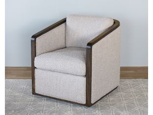 Off White Boucle Swivel Chair With Dark Oak Arms