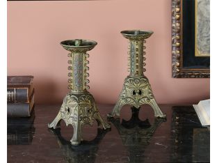 Pair Of Brass Gothic Revival Candlesticks--Cleared