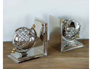 Chrome And Brass Globe Bookends Set Of 2 - Cleared