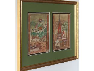 Two Antique Thai Paintings In Gold Frame, 19th Century