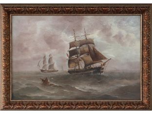 Ships in a Storm, Oil on Canvas, 18/19th Century 35W x 25H
