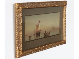 Gondola Watercolor Under Glass, Late 19th Century 25.5W X 15H