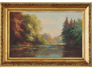 Antique European Fall River Landscape Scene 29.5W x 20.5H - Cleared Art
