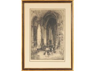 St Etienne du Mont, Paris Etching 19th Century 25.5W x 34.5H - Cleared Art