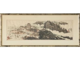 Antique Chinese School Watercolor of Seaside Town 37.75W x 15.75H - Cleared Art