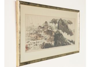 Antique Chinese School Watercolor of Seaside Town 37.75W x 15.75H - Cleared Art