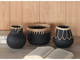 Charcoal Terracotta Jars w/Rattan Piping Set of 3