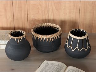 Charcoal Terracotta Jars w/Rattan Piping Set of 3