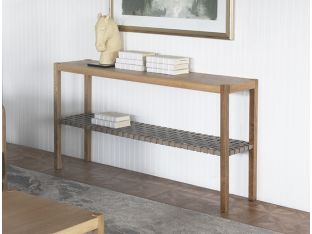 Natural Wood Console With Grey Woven Leather Shelf