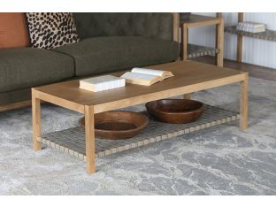 Natural Wood Coffee Table Woven Grey Leather Shelf