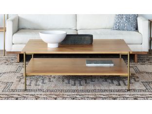 Natural Oak Coffee Table with Antique Brass Base