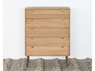 Danish Modern Natural Oak 5 Drawer Dresser With Brass